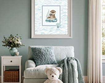 Otter Nursery Wall Art Set, Nautical Boy Nursery Decor, Coastal Wall Hanging, Sailboat Prints, Ocean Animal Wall Decor