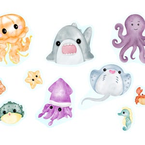 May include: A set of watercolor illustrations featuring various sea creatures, including a jellyfish, shark, octopus, stingray, squid, crab, pufferfish, and a seahorse. The illustrations are in a cartoon style and have bright colors.