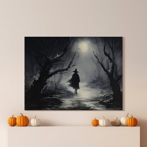 Moonlit Witch&#39;s Trail Canvas Art Print, Witch Decor, Halloween Art, Witch Art, Gothic Wall Art, Halloween Decor, Dark Academia, Fall Decor