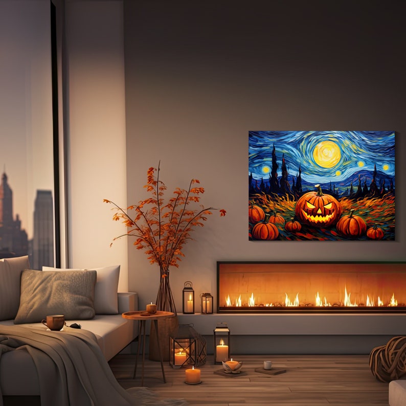 Starry Jack-o'-lantern Night Canvas Print: Halloween Oil Painting Art