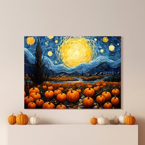 The Starry Pumpkin Night Canvas Art Print, Halloween Art, Wall Art, Oil Painting, Pumpkin Art, Jack O Lantern, Halloween Decor
