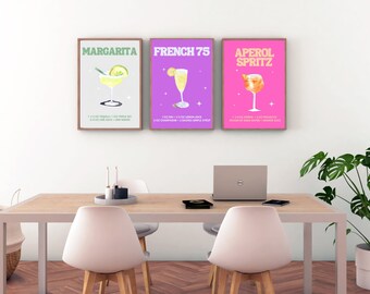 Bar Prints Watercolor, Retro Cocktail Poster, Bar Cart Print, Happy Hour Wall Art, Colorful Alcohol Prints, Aperol Spritz, Drinks Decor, Bar