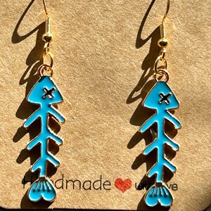 Blue Fish Skeleton Earrings