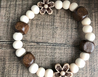 Flower Boho Style Wood Bead Bracelet