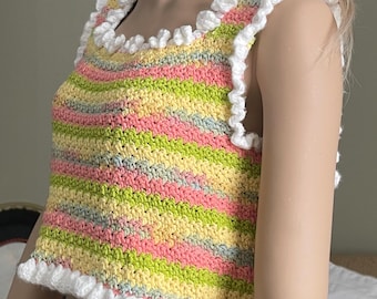 Lemon Peel Stitch Crochet Crop Top • Structured Multicolor Cotton Tank • Spring Ruffle Festival Shirt • One of a Kind Handmade Summer Floral