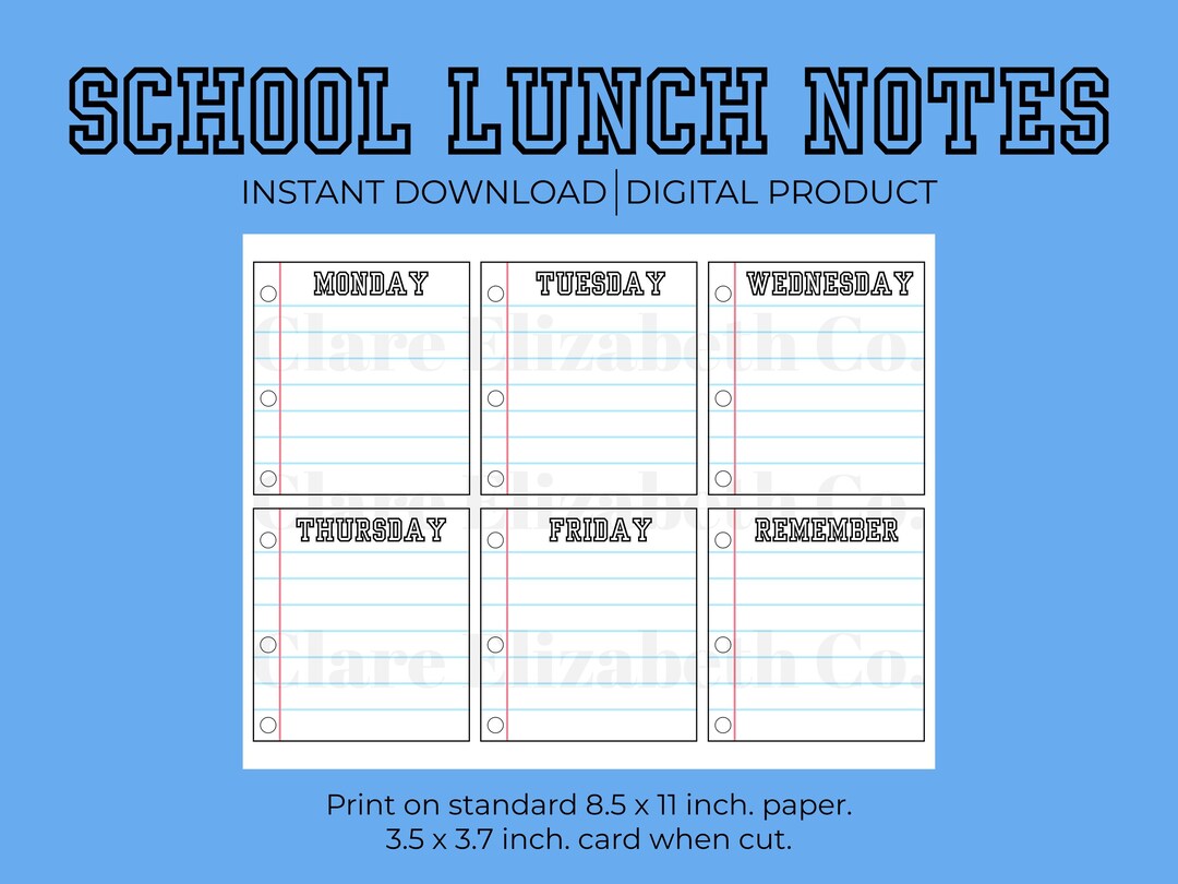 School Lunch Notes/ Kids Lunch/ Notes/ Printable Lunch Notes/ School ...