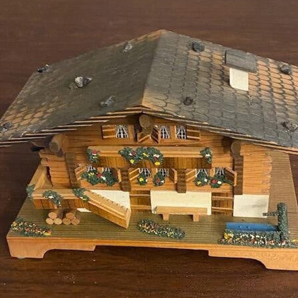 Swiss Chalet Music Jewelry Box With High Detail--Roof Opens For 2 Tunes, "Les Enfants du Piree" and "Eidelweiss"-Auto Shut-off --VIDEO