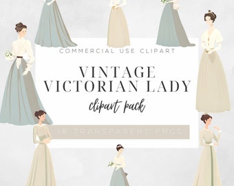 Pastel Vintage Victorian Lady Clipart Illustrated Graphics Set – Perfect for Scrapbooking & Planning | VIN002