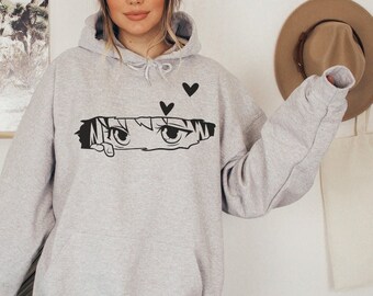 Peeping Anime Girl with Hearts DTG sudadera con capucha impresa - Estética Kawaii, linda sudadera inspirada en el manga - Arte japonés para él ella