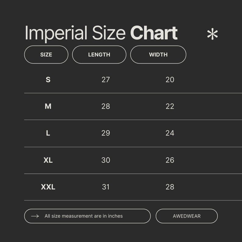 Op de afbeelding: Een donkergrijze tabel met de titel "Imperial Size Chart" met afmetingen voor maat, lengte en breedte in inches. Maten vari&euml;ren van S tot XXL. De tekst "All size measurements are in inches" staat onderaan.