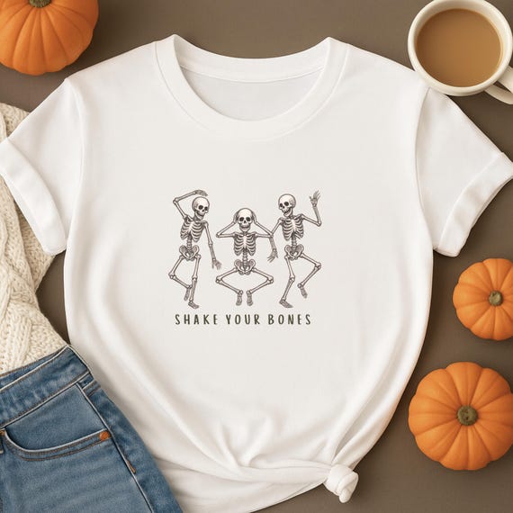 Shake Your Bones Skeleton T-Shirt | Funny Dancing Skeletons Halloween Tee | Unisex Heavy Cotton Shirt Spooky Graphic Top