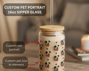 Vaso de vidrio con retrato de mascota personalizado: regalo para mamá perruna de 16 oz
