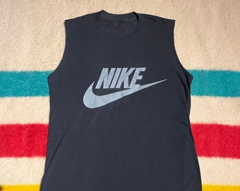 Vintage 1980er Jahre Nike Blue Tag Swoosh Shirt Tri Blend Schwarz Ärmelloses Tank Single Stitch Rare Black