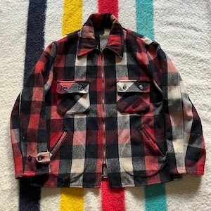 1950s Hercules Plaid Double Pocket Mackinaw Red/White/Black Wool Coat Jacket