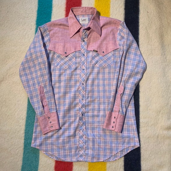 1970s Lee Pearl Snap Plaid 2 Tone Vibrant Pink We… - image 1