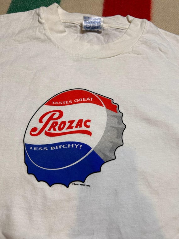 Vintage 1990s Prozac Pharmacy Drug Tee T-shirt Funny Parody Don't