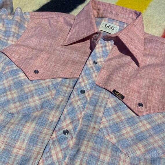 1970s Lee Pearl Snap Plaid 2 Tone Vibrant Pink We… - image 3