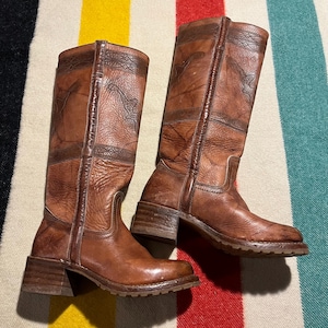 Frye 80s USA Cognac Brown Leather Stitching Heeled Campus Boots