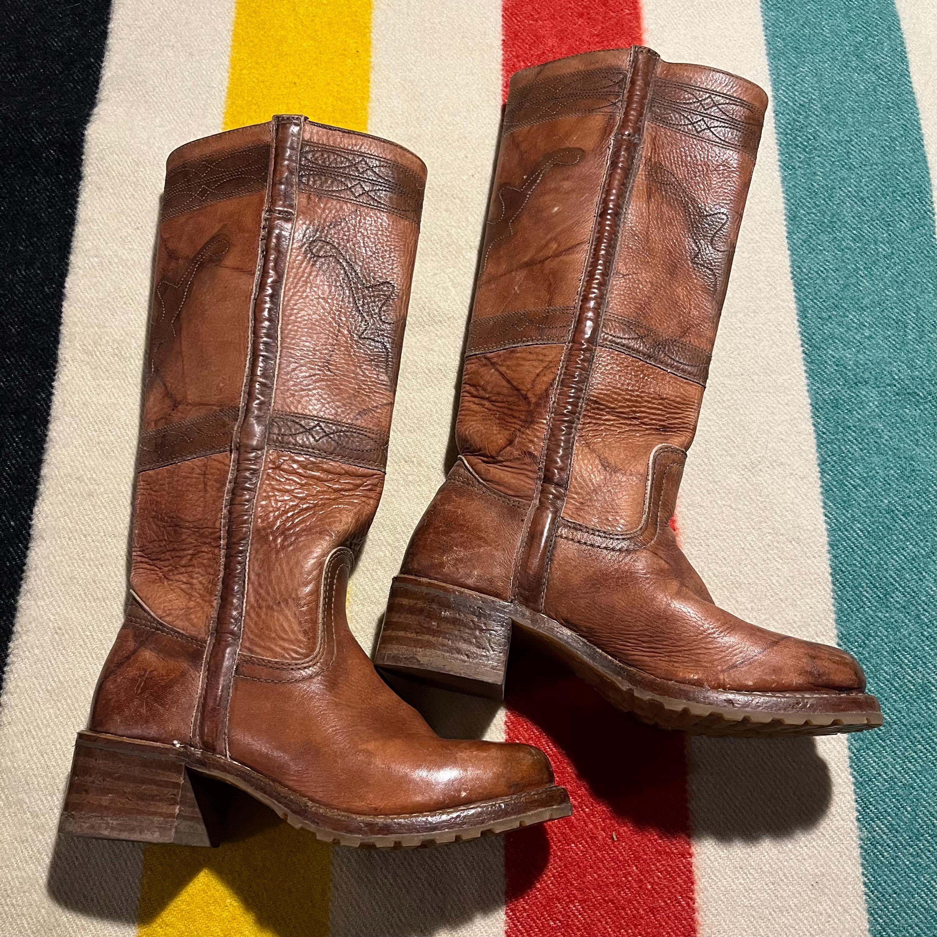 Frye 80s USA Cognac Brown Leather Stitching Heeled Campus Boots