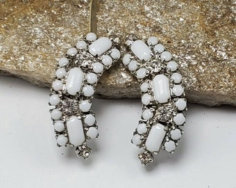 60's Milk Glass Rhinestone Screw Back Earrings Clip-On Silver Tone Statement Fashion Costume Jewelry CollectableEstate Vintage Jewelry
