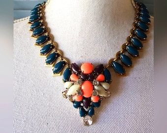 Modern J. Crew Teal Coral Color Rhinestone Necklace Gold Tone Single Strand Knotted Statement Costume Fashion Jewelry Collectable Estate