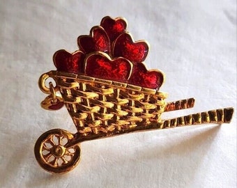 Avon 1994 Garden of Love Lapel Pin Apples Wheel Barrel Enamel Heart Brooch Pinback Fashion Costume Collectable Vintage Estate Jewelry
