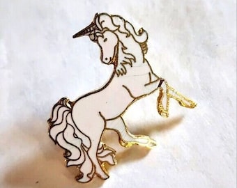 80's White Unicorn Lapel Pin Retro Fantasy Gold Tone Pinback Button Brooch Costume Fashion Jewelry Collectable Vintage Estate Jewelry