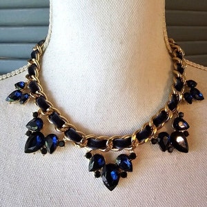 NWT INC International Concepts Blue Rhinestone Crystal Necklace Gold Tone Blue Velvet Ribbon Costume Fashion Jewelry Collectable Estate
