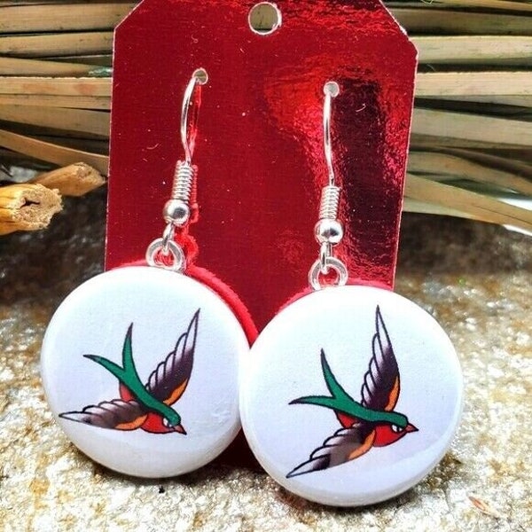 American Traditional Sparrow Earrings Sailor Jerry Inspired Bird Jewelry Souvenir Fashion Costume Jewelry Handmade