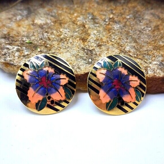 Boucles D'oreilles Vintage Années 80 - Métal Doré Cloisonné Fleurs Multicolores, 3cm