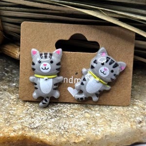 Gray Tabby Cat Earrings Pierced Cat Lady Stud Jewelry Light Weight Handmade Fashion Costume Jewelry Collectable
