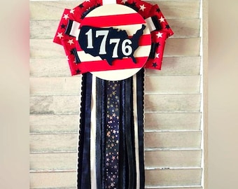 Handmade Americana 1776 USA Ribbon Door Wall Homespun Lace Rag Primitive USA Cottagecore Decor Rustic Country Patriotic 4th of July