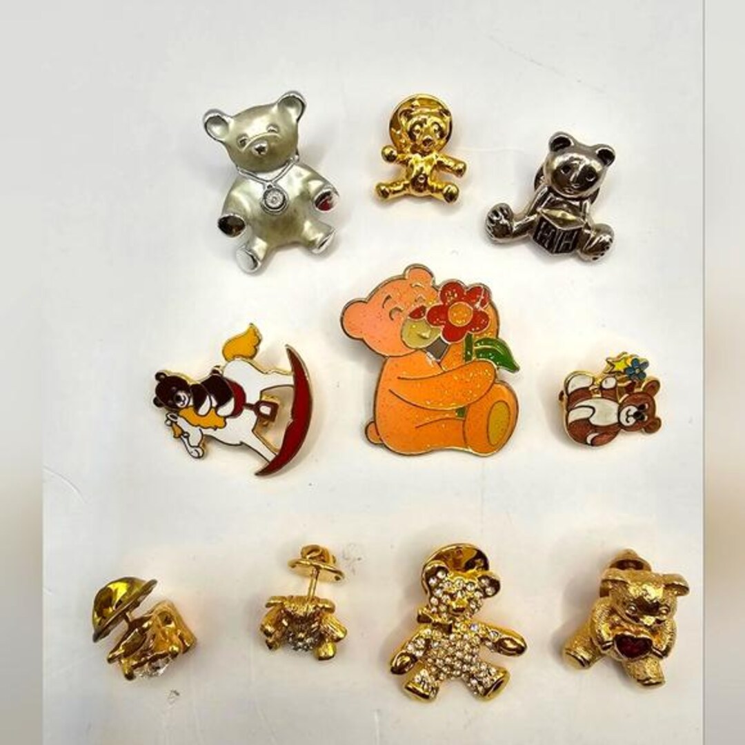 Lot of 10 Teddy Bear Lapel Pins Rhinestone Enamel Gold Tone Metal ...