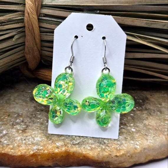 Butterfly Earrings Pierced Green Sparkle Dangle Drop Jewelry Light