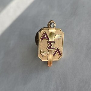 Alpha Sigma Lambda Lapel Pin Honor Society Gold Tone College Brooch Pinback Button Statement Fashion Costume Jewelry Collectable Estate