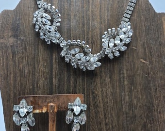 Set di orecchini e collana con strass trasparenti anni '50, set di gioielli in argento Demi Parure da sposa, matrimonio, MCM, dichiarazione, da collezione, vintage, proprietà