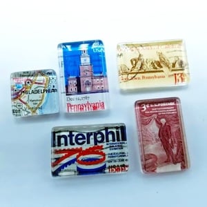 Set di 5 magneti Pennsylvania Magneti souvenir Pennsylvania Riciclati francobolli statunitensi Filadelfia Interphil Magnet Francobolli vintage OOAK