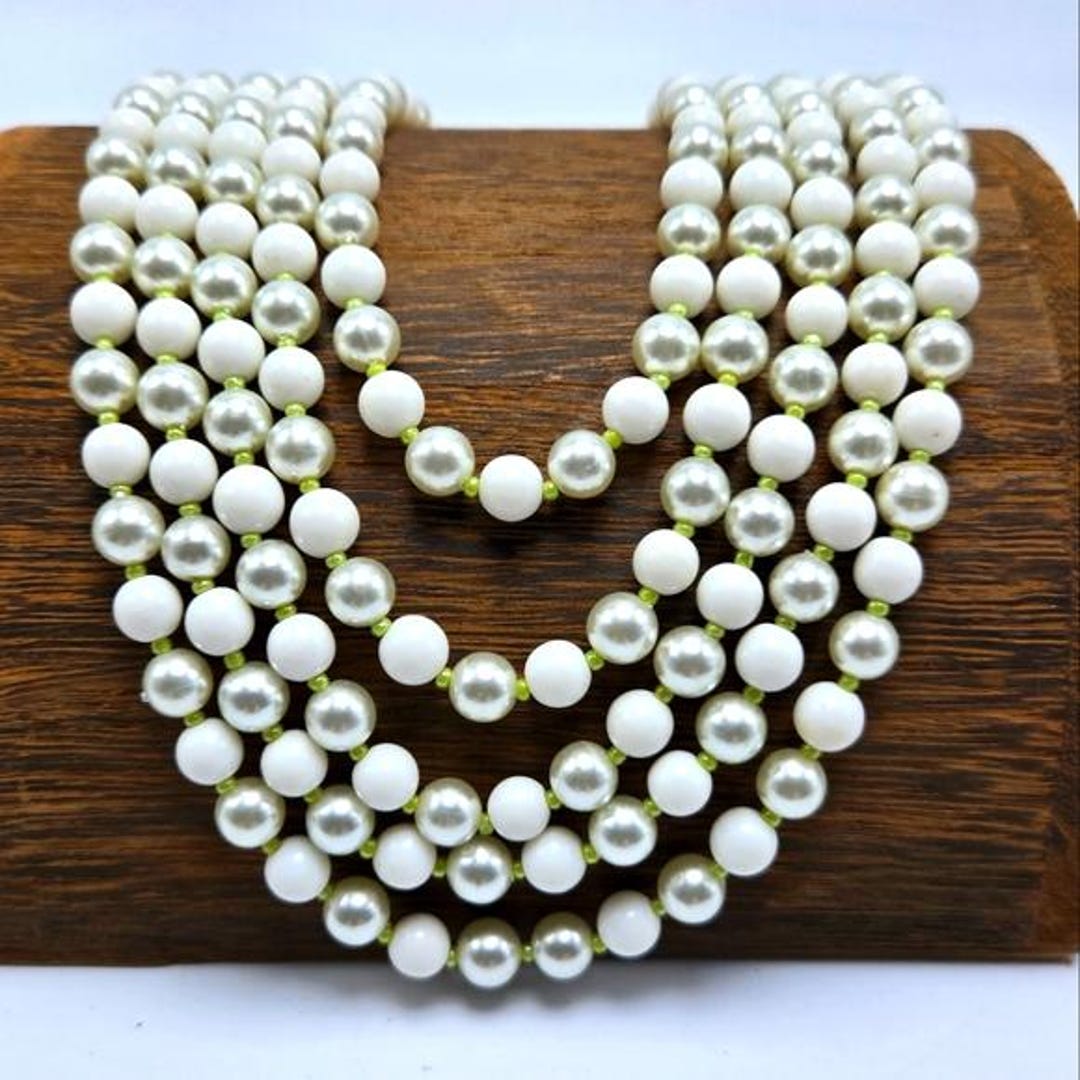 60's Japan Signed Multi Strand Faux Pearl Necklace White Beads