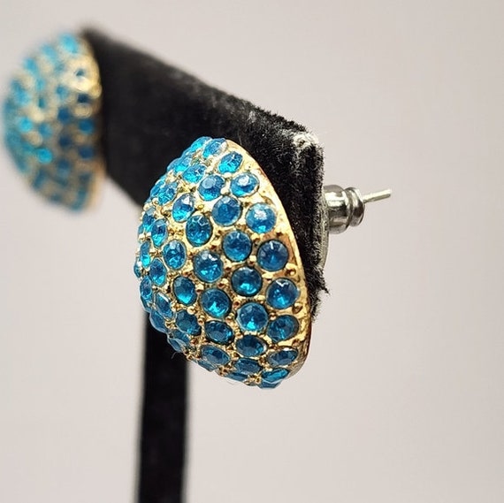 Modern Teal Dome Earrings Pierced Rhinestone Gold… - image 4