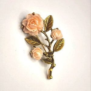 60's Carved Acrylic Peach Rose Lapel Pin Floral Gold Tone Brooch