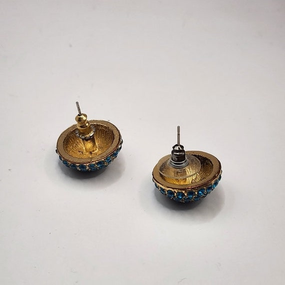 Modern Teal Dome Earrings Pierced Rhinestone Gold… - image 6