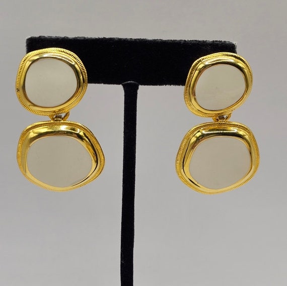 80's Cream Enamel Earrings Pierced Drop Gold Tone… - image 3