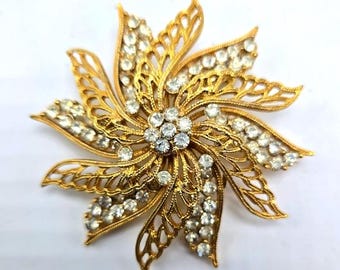 Broche Vintage Signée PIM - Fleur En Relief Or Poli Et Gravée - Bijou Fantaisie Rare - Bon État