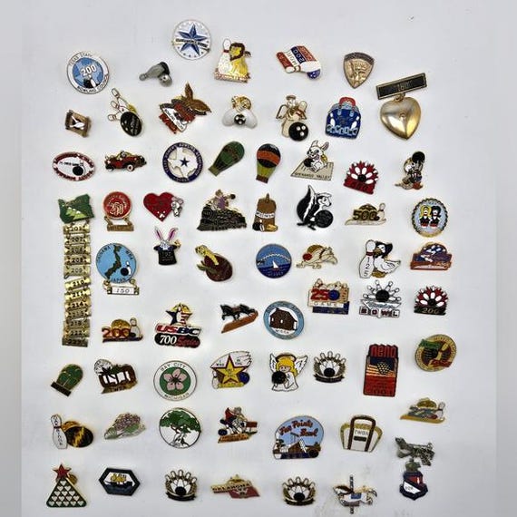 Lot of 65 Bowling League Score Lapel Pins WBA Souvenir Novelty