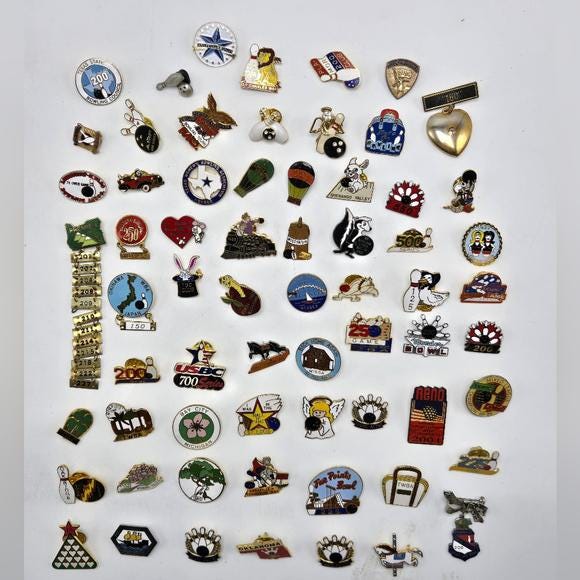 Lot of 65 Bowling League Score Lapel Pins WBA Souvenir Novelty