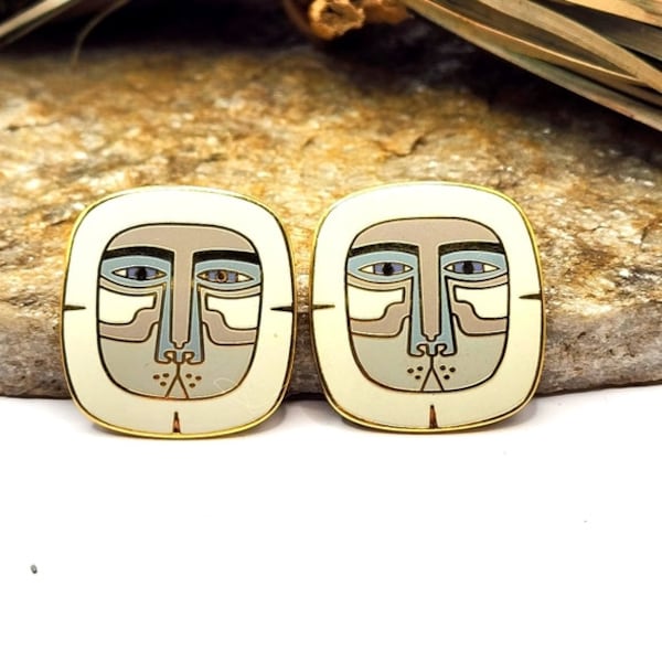 Signed 80's Rare Laurel Burch Mayan Lion Earrings Pierced Stud Gold Tone Statement Fashion Costume Jewelry Collectable Vintage Estate