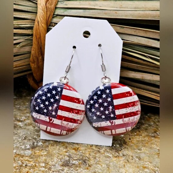 USA Patriot Red, White and Blue Flop Straw hat and Patriotic Pierced Earring Patriotic USA Red, White and Blue Cz Uncle Sam Top Hat  main image 4