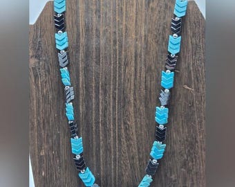 Artisan Made Turquoise Hematite Necklace Arrow Shape Silver Tone Necklace Costume Fashion Jewelry Collectable Estate Jewelry
