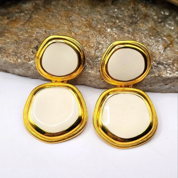 80's Cream Enamel Earrings Pierced Drop Gold Tone… - image 1