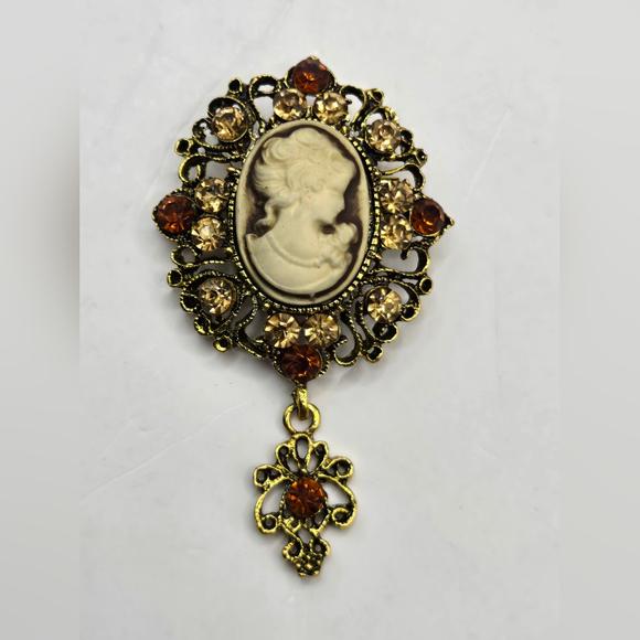 80's Cameo Rhinestone Lapel Pin Gold Tone Dangle Brooch Pinback